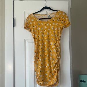 Yellow Ruched Bodycon Mini Dress Scoop Neck